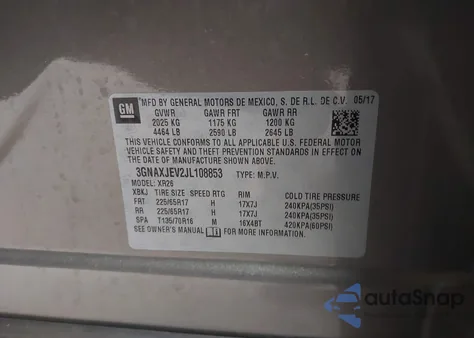 2018 Chevrolet Equinox Lt z USA, uszkodzony, nr VIN 3GNAXJEV2JL108853